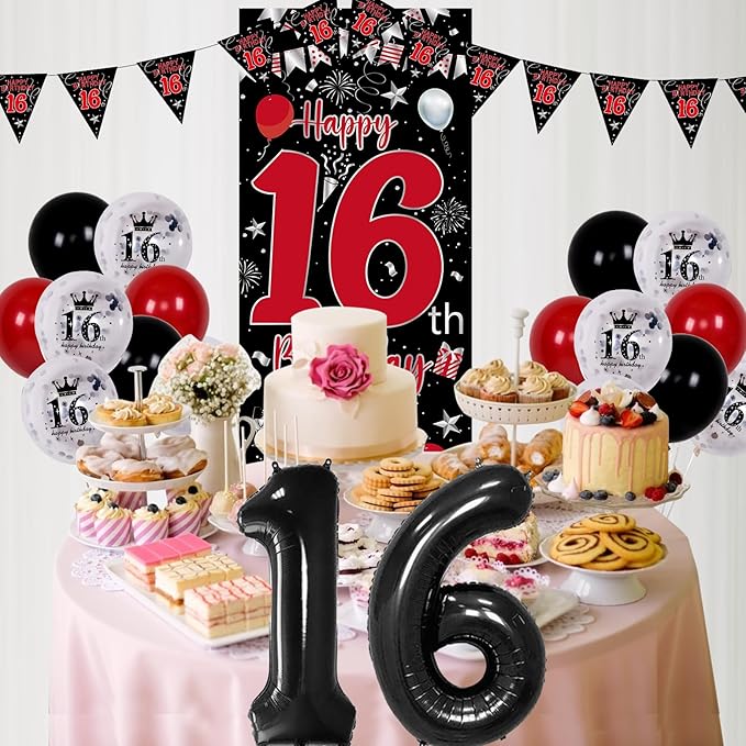16th Birthday Decorations for Boys Girls, Red Black Happy 16th Birthday Boy Decorations Door Banner, Sweet 16 Birthday Party Balloons Decoration Large 16 Balloons Triangle Flag Decor for 16 Year Old