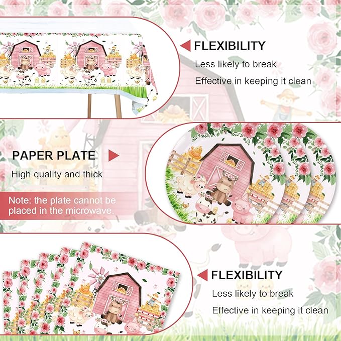 41pcs Pink Farm Party Supplies ,include 20 Plates, 20 Napkin and 1pcs Tablecloth,Used for Farm Birthday Party Decoration (Pink Farm JJJ)