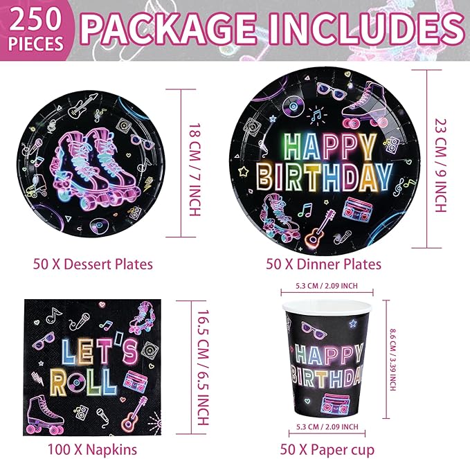 250Pcs Roller Skating Party Supplies Skating Birthday Plates Napkins Cups Neon Let’s Roll Disposable Paper Tableware Set for Kids Boys Girls Roller-Skate Birthday Party Decoration Serves 50