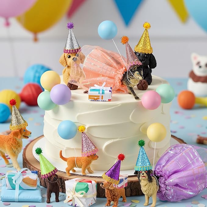Weysat 41 Pcs Puppy Dog Cake Topper Figures Birthday Party Decorations with Mini Hat and Skirt, Colorful Balls, Jungle Toppers Decoration with Gift Boxes for Puppy Animals Themed Party (Pet)