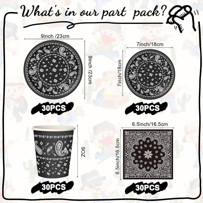 123 Pcs Western Cowboy Party Decorations, Wild West Birthday Decorations Tableware Set, Cups, Plates, Napkins, Banner & Tablecloth for Cowboy Themed Party Ideal for Bbqs, Baby Showers(Black)
