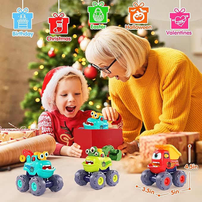 OCATO Monster Truck Toys for 1 2 3 Year Old Boy Birthday Gift, Construction Toys Pull Back Cars for Toddlers 1-3, Baby Boy Toys Toddler Kids 1st Birthday Gifts 1 2 3 Year Old Boy Toys