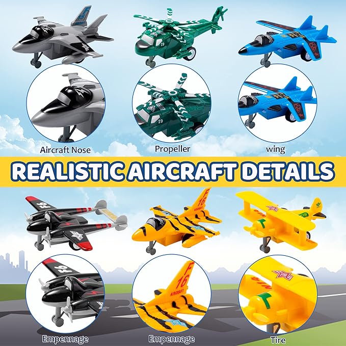JOYIN 16 Pcs Pull Back Airplane Toys, Boys Plane Playset, Aircraft Incl Helicopter, Fighter, Bomber, Gifts for Toddler Kids 3+ Years Old, Easter Basket, Treasure Box Toys for Classroom