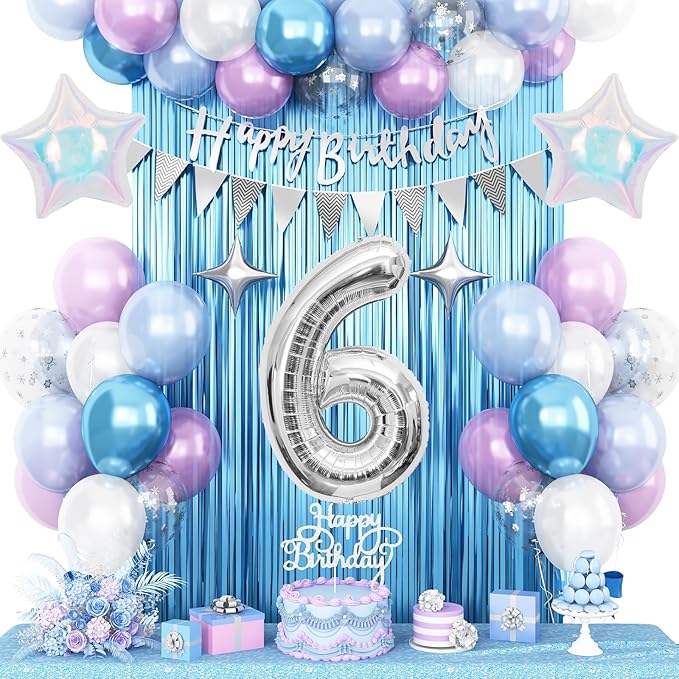6th Snow Birthday Decorations for Girl, Blue Purple Balloons with Happy Birthday Banner Curtain Silver Number 6 Balloon Iridescent Star Foil Balloons for Girls Baby Shower Birthday Party Supplies
