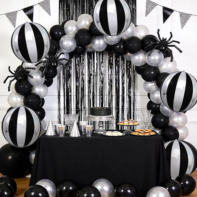 TONIFUL 8Pcs 22Inch Large Black Silver 4D Giant Round Foil Balloon 4D Metallic Mylar Sephere Balloons for Christmas New Year Birthday Party Graduation Wedding Bridal Shower Decoration Supplies