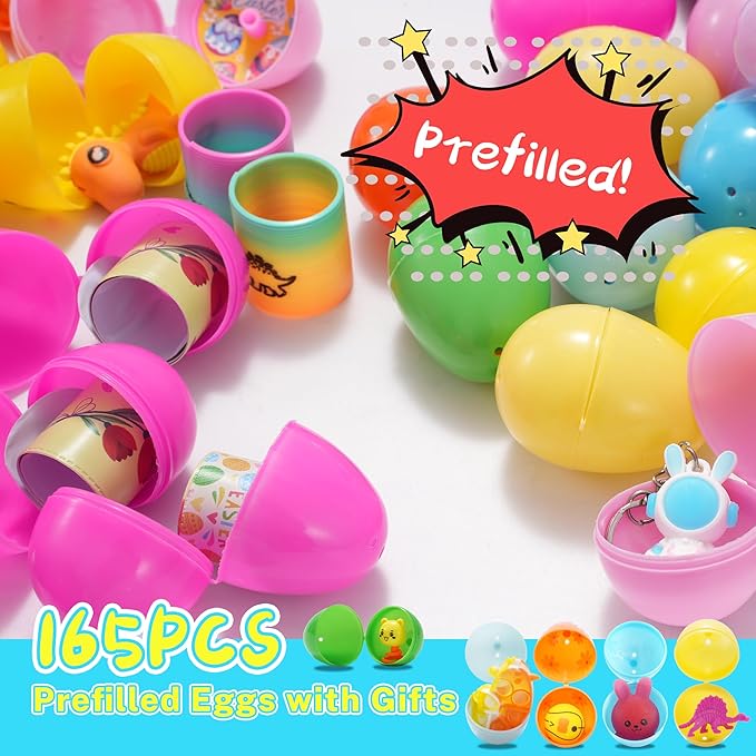 165PCS Prefilled Easter Eggs with Toys Inside, Easter Eggs Fillers Basket Stuffers Easter Hunt Games Party Favor Supplies Classroom Prize for Kids