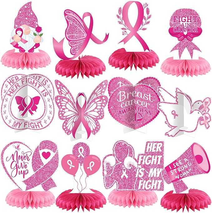 Pickmesh 12 Pieces Breast Cancer Awareness Party Decoration Honeycomb Centerpieces Breast Cancer Table Decoration Pink Ribbon Butterfly Heart Gnome Balloon Table Topper for Home Party Favors Supplies