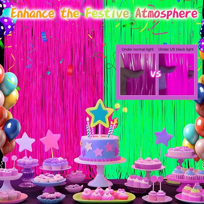 Glow in The Dark Party Supplies 2 Pack Neon Party Decorations Fluorescent Tinsel Foil Fringe Curtains Photo Booth Prop Backdrop Streamer Blacklight Decorations (Neon Hot Pink+Neon Green)