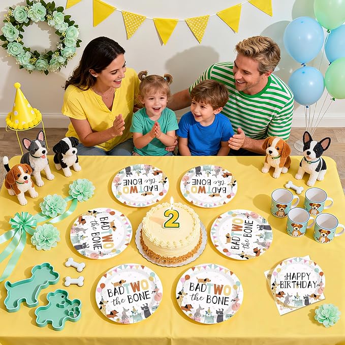 96Pcs Bad Two the Bone Party Supplies 2nd Dog Birthday Plates and Napkins Cute Cartoon Dog Theme Tableware Set for 2 Year Old Puppy Themed Birthday Party Supplies，Serves 24