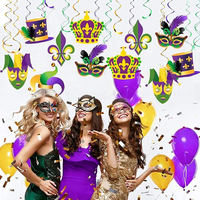 Mardi Gras Hanging Swirl Decorations - 36Pcs Mardi Gras Crown Mask Ceiling Hanging for Masquerade Party Decorations Gold Green Purple Foil Swirl New Orleans Celebration Mardi Gras Party Supplies