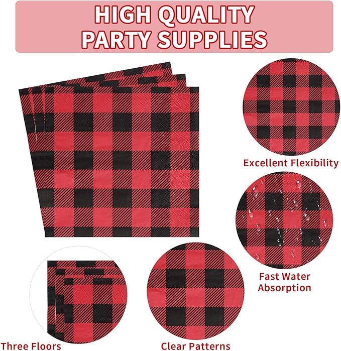 96PCS Red and Black Buffalo Plaid Party Supplies Buffalo Plaid Party Plates and Napkins Disposable Christmas Red Black Gingham Tableware for Christmas Birthday Lumberjack Party Decorations Serves 24