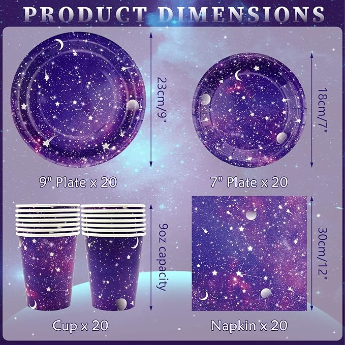 Space Galaxy Outer Party Supplies Tableware Set, Includes 20 9" Paper Plates, 20 7" Plate, 20 9 Oz Cups, 20 Lunch Napkin, for kids Solar System Astronaut Theme Birthday Decoration Serves 20