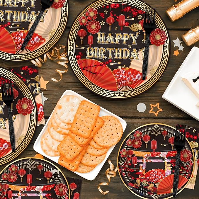 96PCS Hibachi Plates and Napkins Party Supplies Hibachi Japanese Birthday Party Decorations Asian Japanese Style Themed Disposable Paper Tableware Set Serves 24 Guests