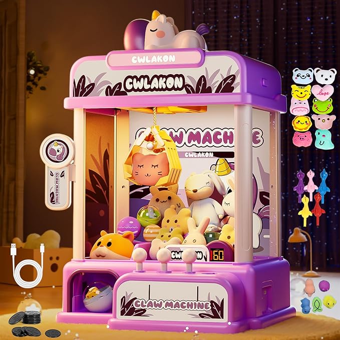 CWLAKON Claw Machine for Kids, Mini Vending Machine Unicorns Toys with Sound for Girls Age 3+, Candy Grabber Prize Dispenser Machine Arcade Games with Mini Plush Toys, Christmas Birthday Gifts