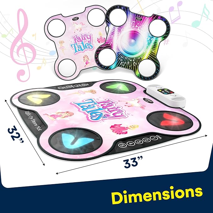 Kidzlane Light Up DJ Dance Mat for Kids - Bluetooth & AUX Compatible - 3 Fun Arcade Games with 5 Difficulty Levels - Detachable Top Mats with Fairytale & Speaker Motives - Adjustable Volume - Ages 6+