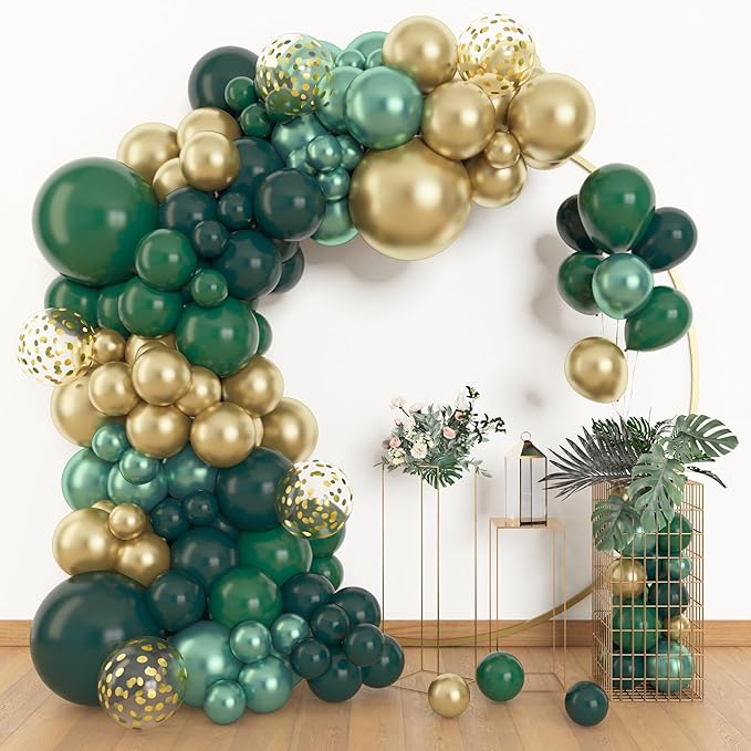 Amandir 153pcs Green and Gold Balloon Garland Arch Kit, Different Sizes 18 12 10 5 inch Green Latex Metallic Confetti Balloons St. Patrick's Birthday Anniversary Safari Party Decoration Supplies