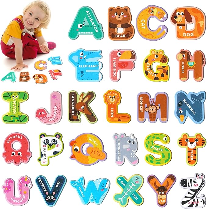 Magnetic Letters for Toddlers 1-3, 26PCS Cute Animal Alphabet Magnets Letters Learning Toys for Toddlers 1-3 Uppercase ABC Magnets for Refrigerator Best Gifts for Birthday Easter Basket Stuffers
