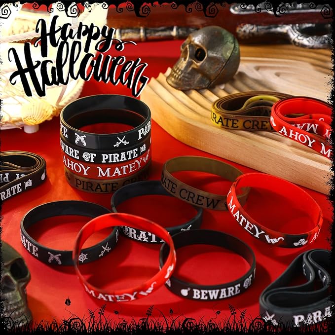 Capoda 72 Pcs Pirate Silicone Bracelets Ahoy Matey Caribbean Rubber Wristbands Skull Pirate Ship Party Favors for Girls Boys Birthday Decorations Halloween Party Supplies