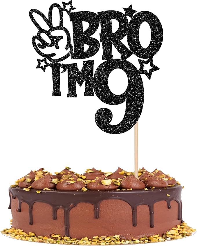 1 PCS Brother I'm 9 Cake Topper Glitter Star Happy 9th Birthday Cake Pick Bro I'm 9 Cake Decoration It's My 9th Birthday Decorations for Boys Cheers to 9 Years Old Birthday Party Supplies Black