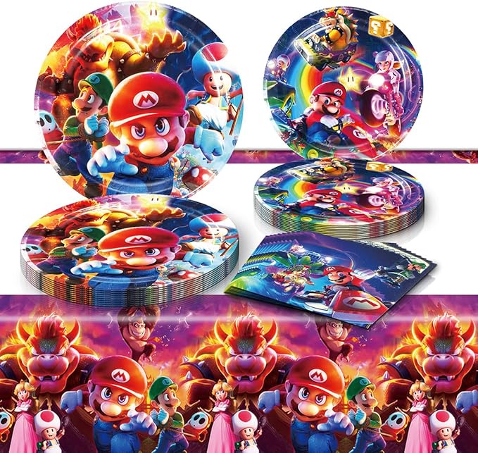 41pcs Mario Movie Party Supplies include 10 7" plates 10 9" plates, 20 napkins 1 Tablecloth for the Mario Movie Birthday party decoration