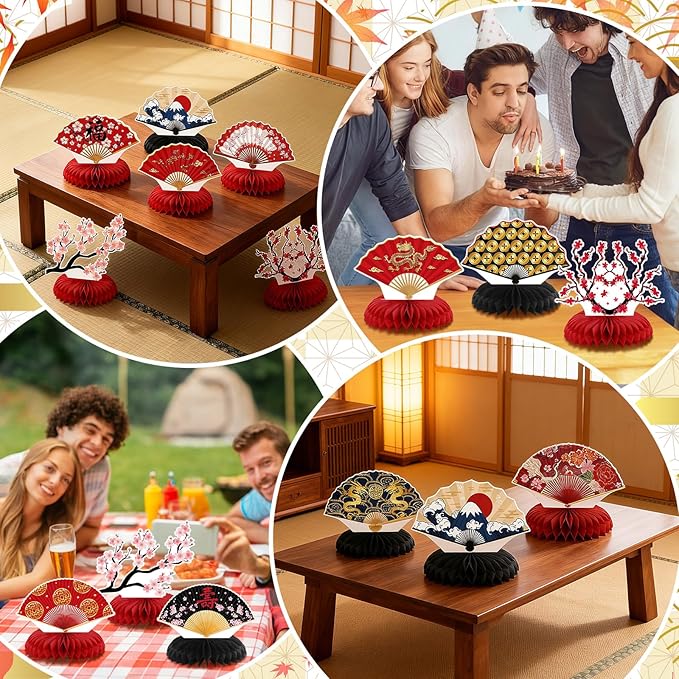 Pickmesh 12 Pieces Hibachi Birthday Party Decorations Honeycomb Centerpieces Japanese Paper Fans Table Decorations Cherry Blossom Table Topper for Japanese Party Supplies