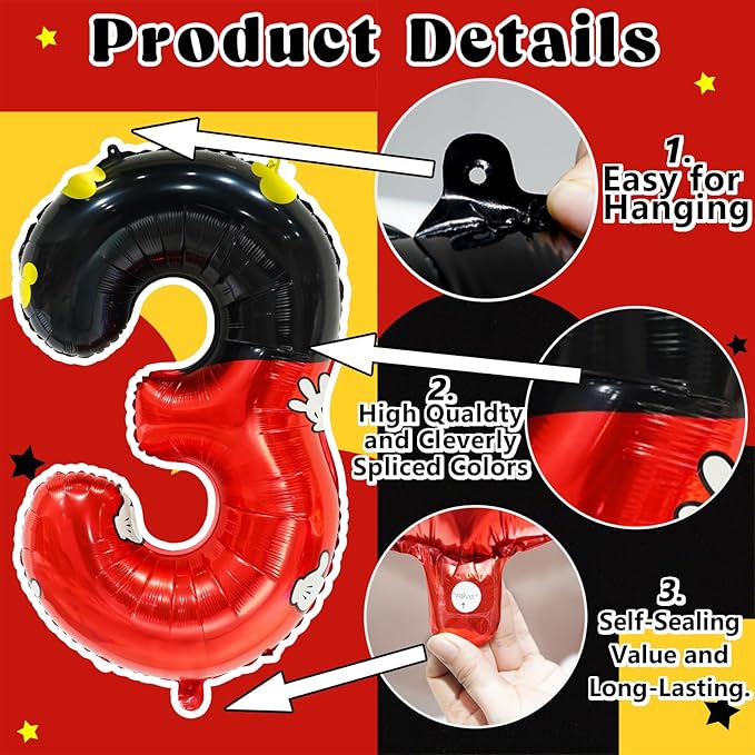 YIIHMEI 3rd Mouse Balloons Birthday Decorations Party Supplies Boy Red And Black Foil Balloon Banner 40inch Number