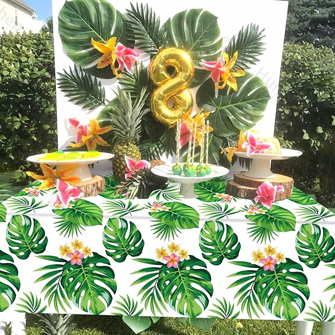 4 Pack Hawaiian Luau Tablecloths Tropical Palm Leaves Table Cloth Hawaiian Luau Table Cover Palm Leaves Table Cloth Baby Birthday Birthday Party Summer Pool Tropical Party Decorations 86 x 51 IN