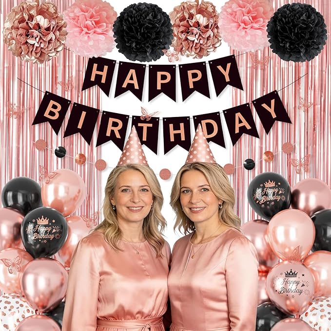 Rose Gold and Black Birthday Decorations for Women Girls, Pearl Rose Gold Black Metallic Printed Balloons Butterfly Stickers Fringe Curtain Happy Birthday Banner Circle Dot Paper Pompom Party Supplies