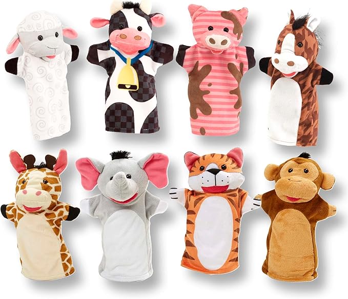 Melissa & Doug Animal Hand Puppets (Set of 2, 4 Animals in Each) - Zoo Friends and Farm Friends