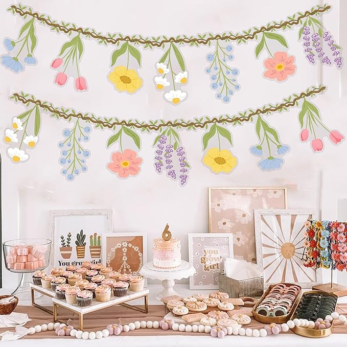 Flower Party Banner Wildflower Garland Spring Floral Party Decorations 2PCS Enchanted Garden Hanging Banner Decor for Flower Theme Wedding Wild One Birthday Baby Shower Valentine's Supplies