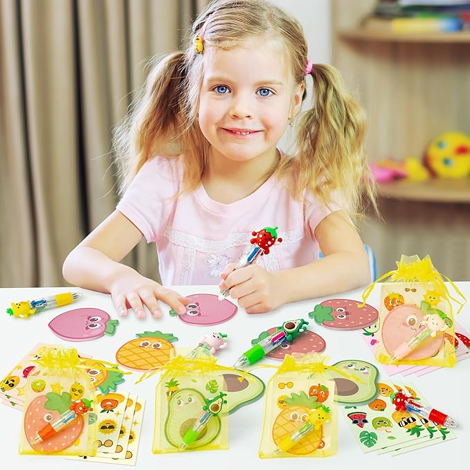 CY2SIDE Fruit Stationery Party Gift - 24 Pack Fruit Stationery Gifts Set Include 4-in-1 Ballpoint Pens Sticky Notes Stickers and Organza Tutti Summer Party Favors Goodie Bag Fillers for School Rewards