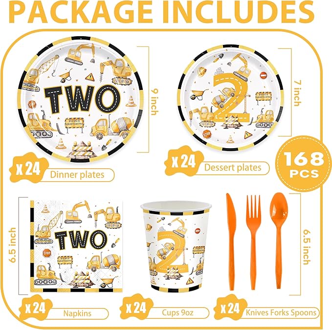 168pcs Construction 2nd Birthday Party Decorations 2nd Plates Napkins Tableware Set Disposable Paper Cups for Boys Construction Two Years Old Party Supplies Serves 24
