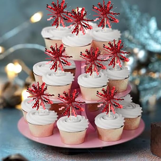30 PCS Foil Firework Cupcake Toppers Sparkle Tinsel Cupcake Picks Happy Birthday Cake Toppers Drink Stirrers Cocktail Food Fruit Toothpicks for Baby Shower Birthday Party Decorations Supplies Red