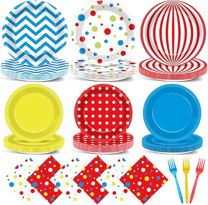 96Pcs Carnival Party Supplies Circus Theme Plates Napkins Tableware Set Red Blue Carnival Party Decorations Dinnerware for Kids Birthday Baby Shower Circus Favors Serves 24 Guests