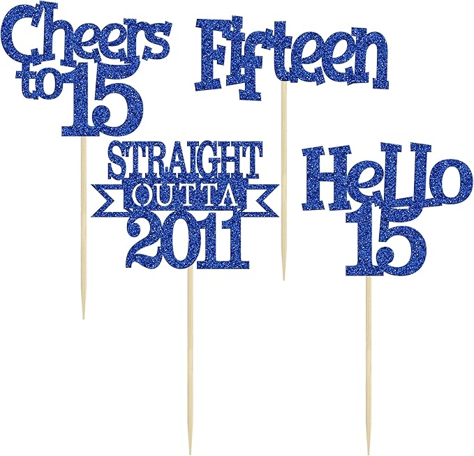 Ephlyn 24Pcs 15th Birthday Cupcake Toppers Glitter Straight Outta 2011 Cupcake Picks Hello 15 Cheers to 15 Years Cake Decorations for 15th Birthday Anniversary Party Decorations Supplies Blue