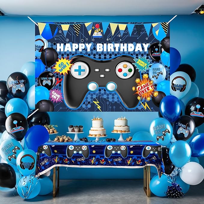 15 PCS Complete Video Game Party Decoration Set 1 Backdrop 1 Tablecloth 13 Latex Balloons and More Perfect for Gamer Party Supplies Boys and Girls Birthday Celebration