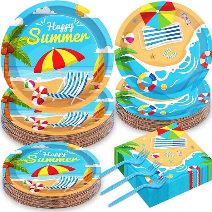 50 Guests Beach Plates and Napkins Party Supplies Summer Birthday Party Decorations Disposable Tableware Set Beach Dinnerware Favor for Kids, 200PCS