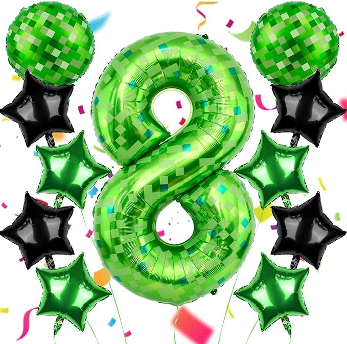 40 Inch Green Pixel Themed Number 8 Balloon Set Foil Balloon for Girls & Boys Birthday Party Decorations, Party Supplies & Favors(Number 8)