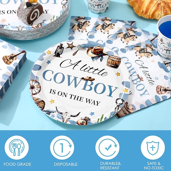Hushee 200 Pcs a Little Cowboy Is on The Way Baby Shower Paper Plates Napkins Cups Baby Shower Party Supplies Tableware Set Cowboy Disposable Cup Napkin for 50 Guest Boy Girl Spring Decoration