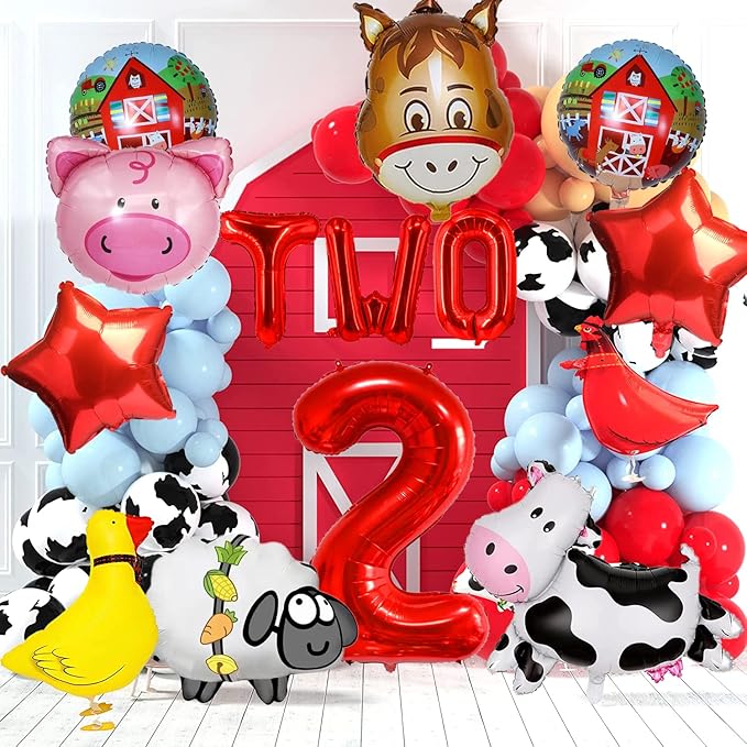 14 PCS Farm Animal Balloons Cow Sheep Duck Rooster Pig Donkey Balloons Barnyard Balloon Supplies with Large Number 2 Foil Balloon for Farm Animal Theme 2nd Birthday Party Decor Supplies