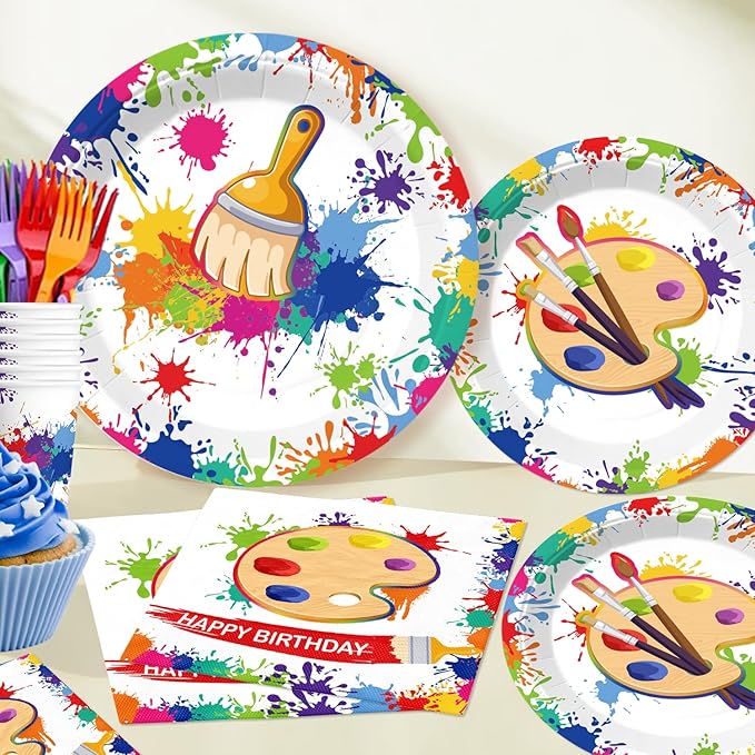 200pcs Paint Party Decorations for Kids and Art Lovers, Convenient Disposable Paper Tableware Set Includes 300gsm Plates and 2 PE Plastic Tablecloths for Paint Party and Celebration