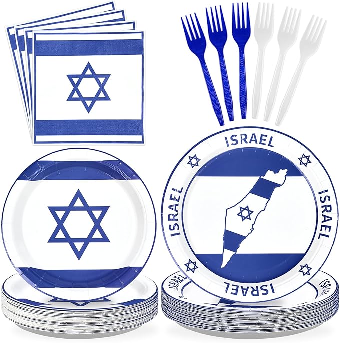 96Pcs Israel Flag Party Supplies Israeli Flag Plates and Napkins Blue and White jewish Flags Tableware Set for Israeli Independence Day Jewish Patriotic Holiday Party Supplies，Serves 24