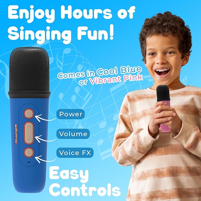Jellie O-K Kids Wireless Karaoke Speaker with Handheld Microphone, Portable, Premium Sound, Cute Characters, Fun for The Whole Family. (Blue)