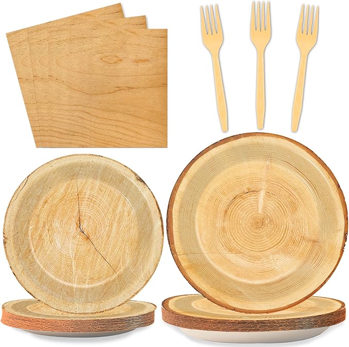 Wiooffen 96 PCS Brown Paper Tableware Set - Rustic Wood Tree Party Supplies for 24 Guests, Includes Plates, Forks, Napkins for Camping, Hunting Theme