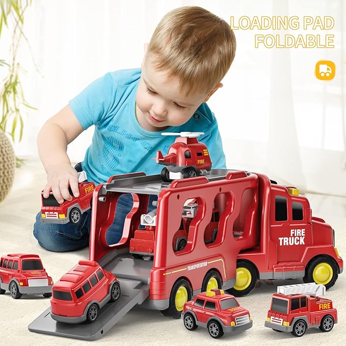 Fire Truck Toys for Toddler 1-3 3-5, Transport Car with Light Sound, 7-in-1 Fire Car Carrier Vehicle Set for Girls 1 2 3 4 5 6 Years Old, Birthdays Gifts for Kids Girls Aged 3-9