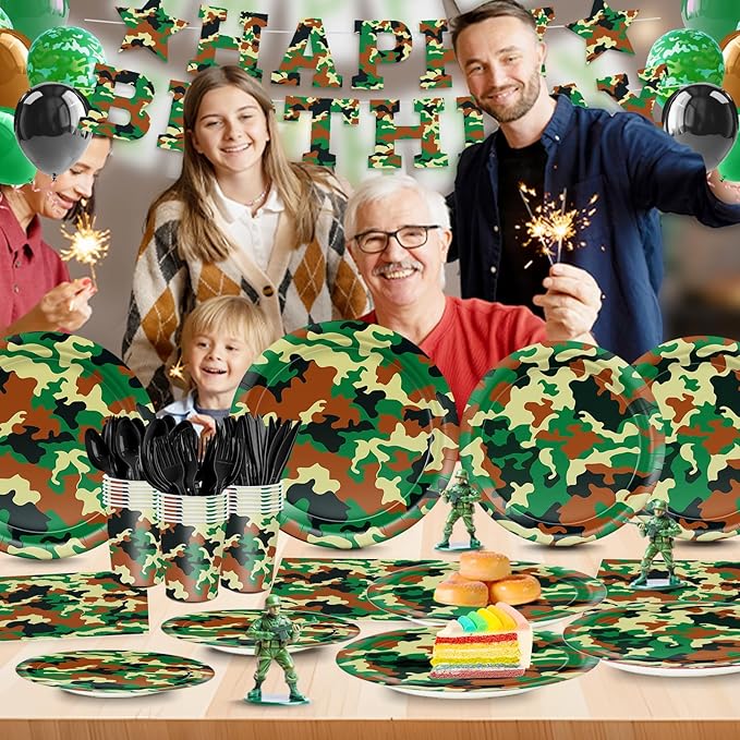 206pcs Camo Party Decorations Paper Plates Napkins Camouflage Tableware Set Disposable Cups Forks Knives Spoons with Camo Tablecloth Banner for Boy Camouflage Hunting Military Birthday Party Supplies