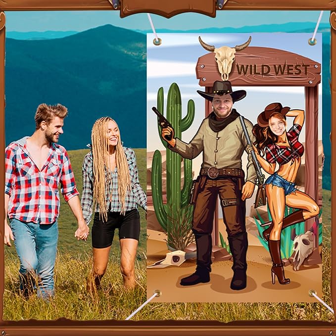 Tudomro 73 x 47 Inch Western Cowboy Backdrop Party Decorations Wild West Large Photo Booth Props Background Door Banner Cowboy Themed Funny Games Supplies for Birthday Party Men