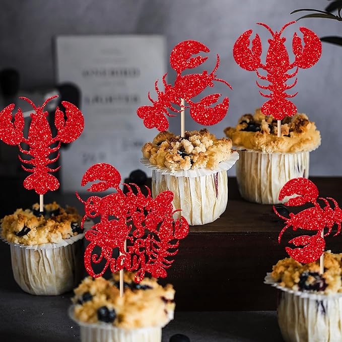 24 Pack Crawfish Cupcake Toppers Red Glitter Lobster Cupcake Picks Let's Get Cray Bachelorette Sea Animal Theme Baby Shower Kids Birthday Party Cake Decorations Supplies Red