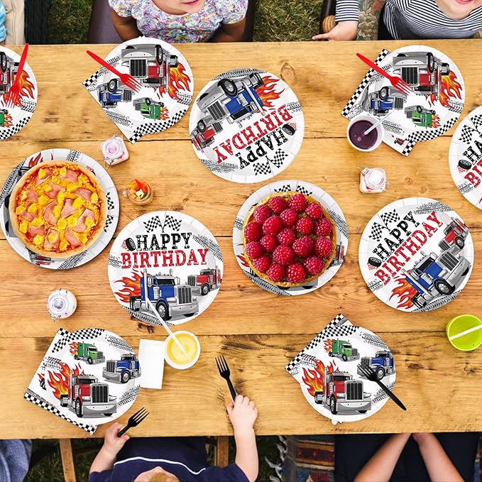 96Pcs Semi Truck Birthday Party Decorations Truck Car Happy Birthday Plates and Napkins Sets Transportation Theme Decorations for Truck-Theme Transportation Construction Bday Party Supplies Serves 24