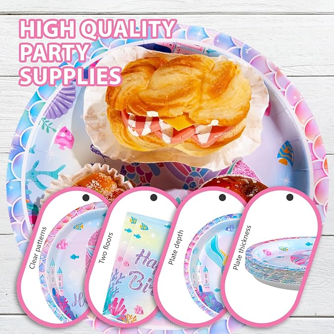 96Pcs Mermaid 6th Birthday Party Decorations for Girls Little Mermaid Plates and Napkins Tableware Sets Under the Sea Theme Decorations for Baby Shower 6 Years old Party Supplies Serves 24